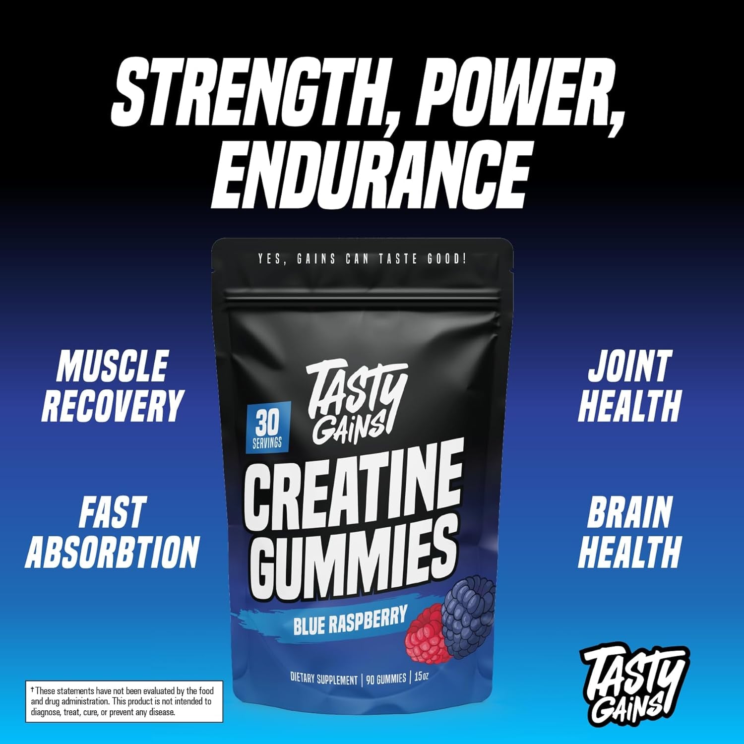 Creatine Gummies - 90G of Creatine Monohydrate - Workout Supplements - Build Muscle & Boost Strength for Men & Women - Made in USA - Non GMO - Vegan Friendly (Large, Blue Raspberry)