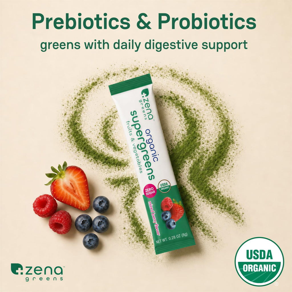 Organic Super Greens Energy & Hydration Powder, 70+ Superfoods, 0 Sugar, 5G Fiber, Spirulina, Chlorella, Prebiotics/Probiotics, Natural Caffeine + Electrolytes, 40 Drink Mix Packets