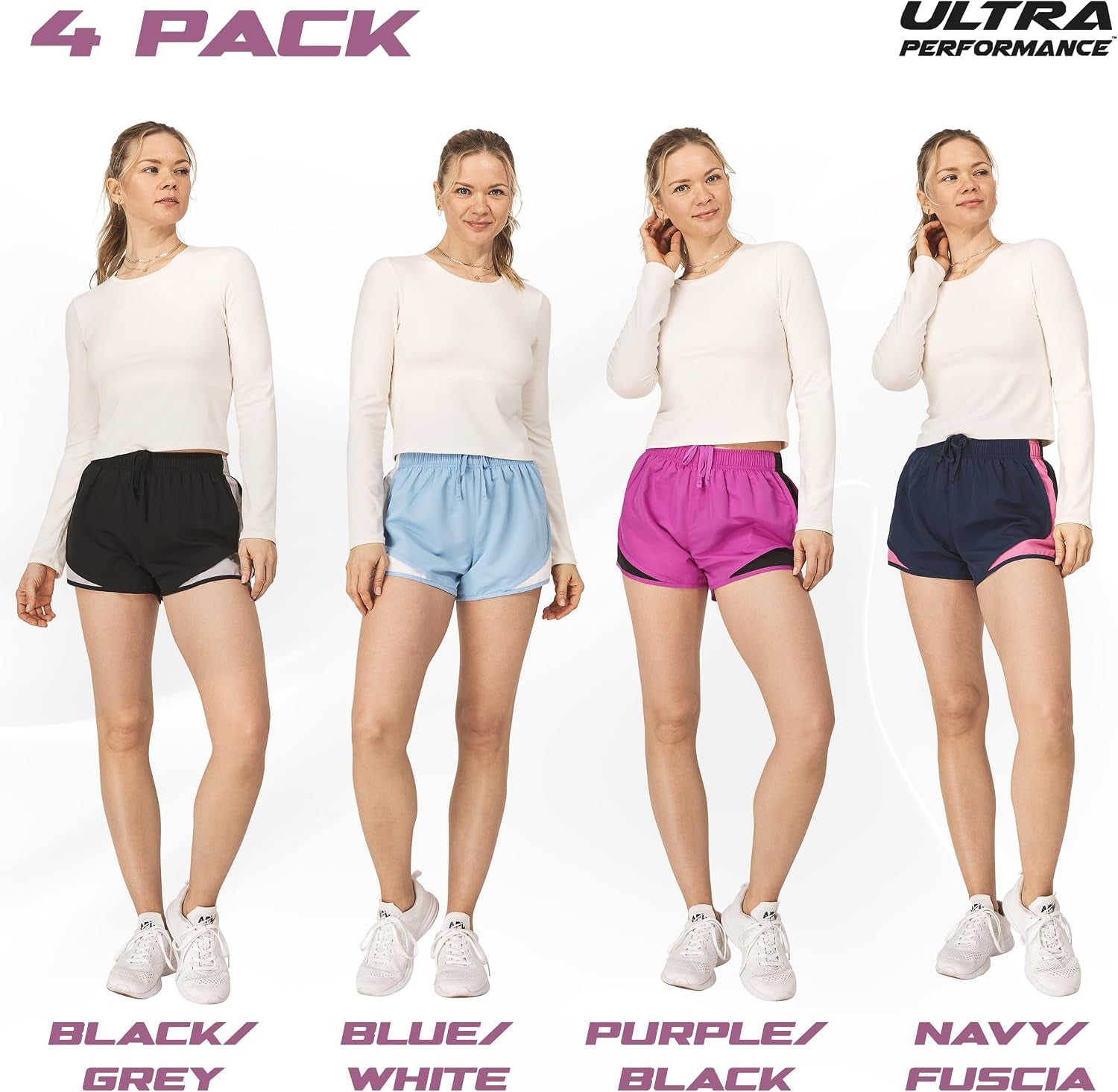 Women'S Running Shorts 4-Pack Athletic Workout Gym Shorts for Women, with Brief Liner