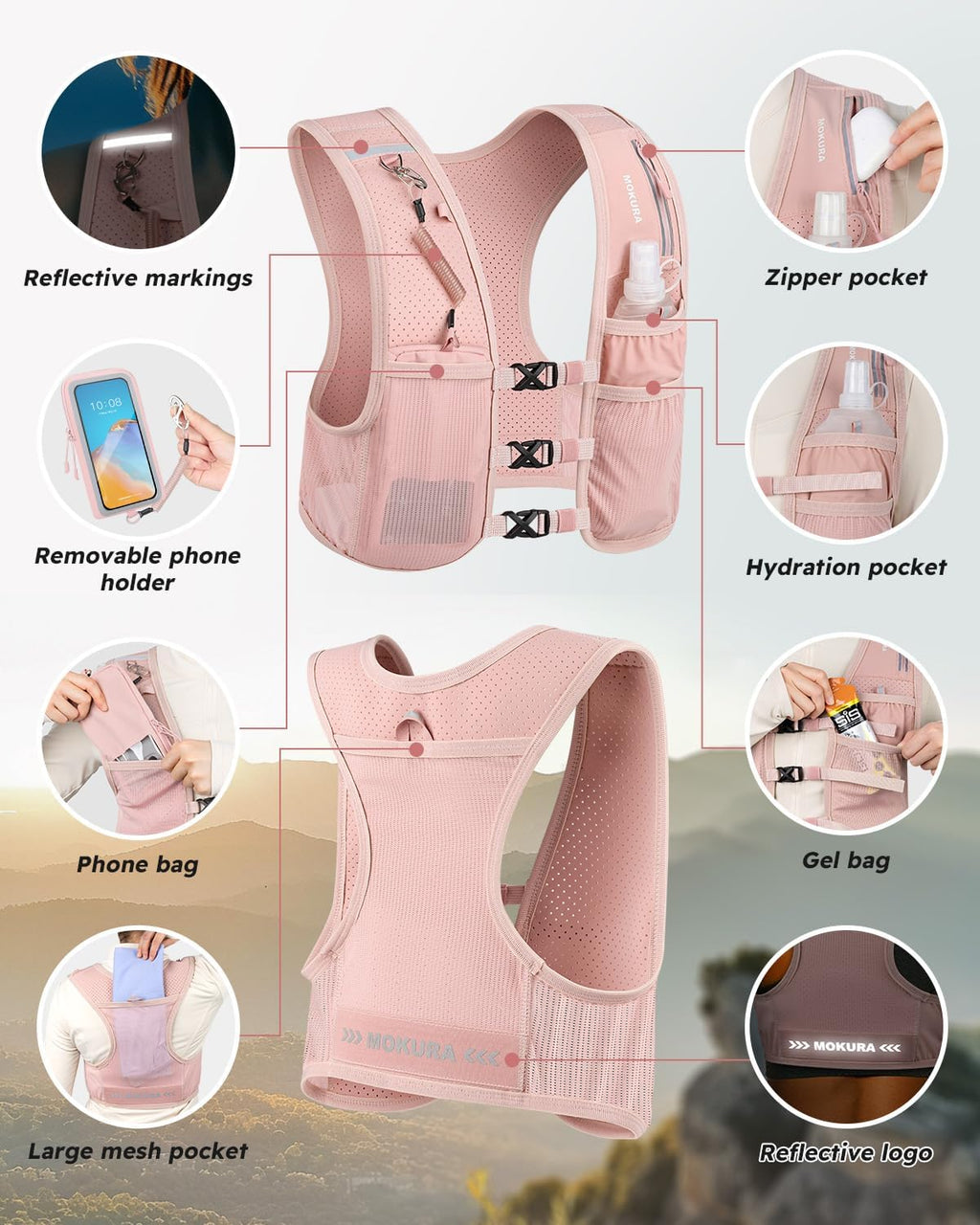 Running Vest for Women Men, Lightweight Hydration Vest with 500ML Soft Flask & Phone Holder, Reflective Running Backpack, Adjustable Run Pack Water Bottle, Runner Marathon Essentials