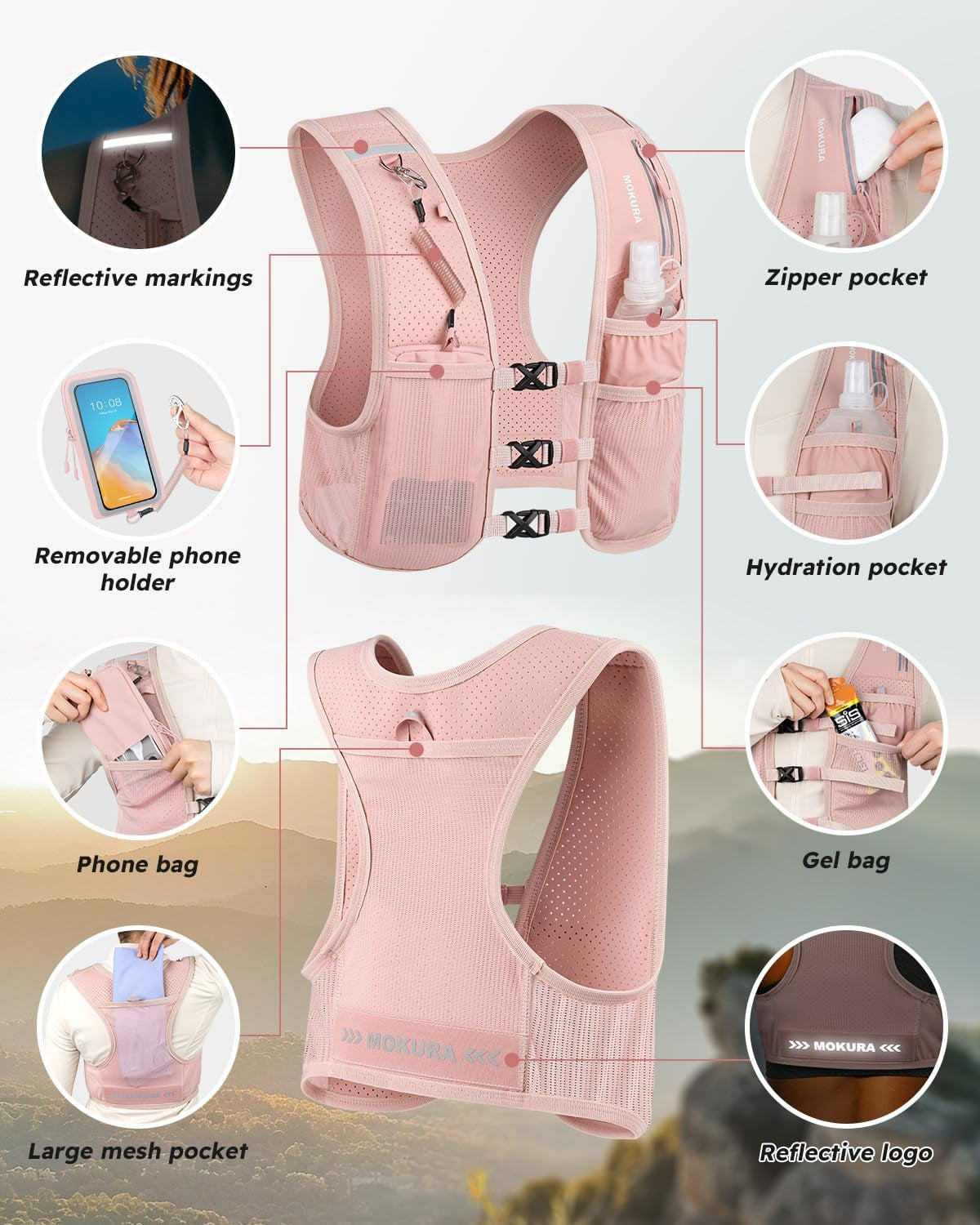 Running Vest for Women Men, Lightweight Hydration Vest with 500ML Soft Flask & Phone Holder, Reflective Running Backpack, Adjustable Run Pack Water Bottle, Runner Marathon Essentials