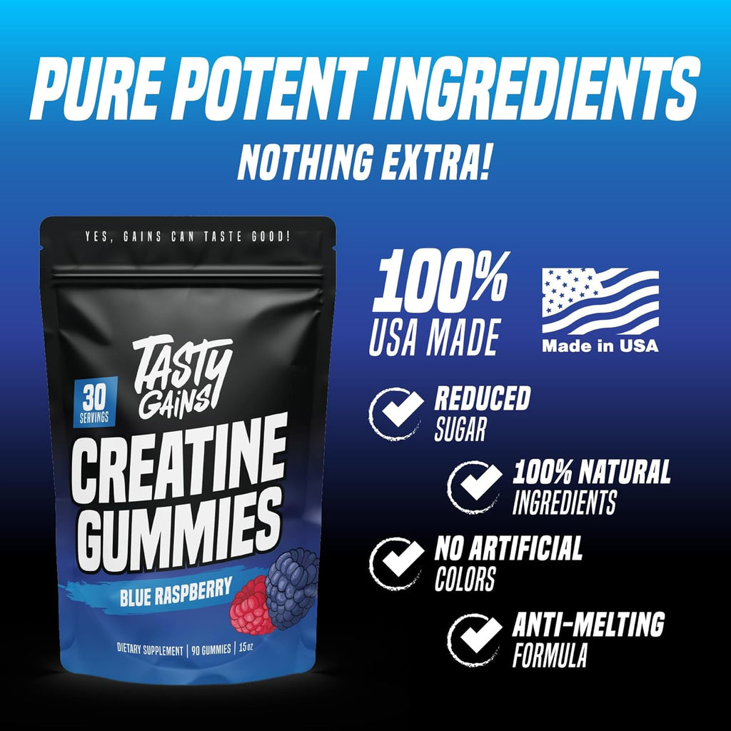 Creatine Gummies - 90G of Creatine Monohydrate - Workout Supplements - Build Muscle & Boost Strength for Men & Women - Made in USA - Non GMO - Vegan Friendly (Large, Blue Raspberry)