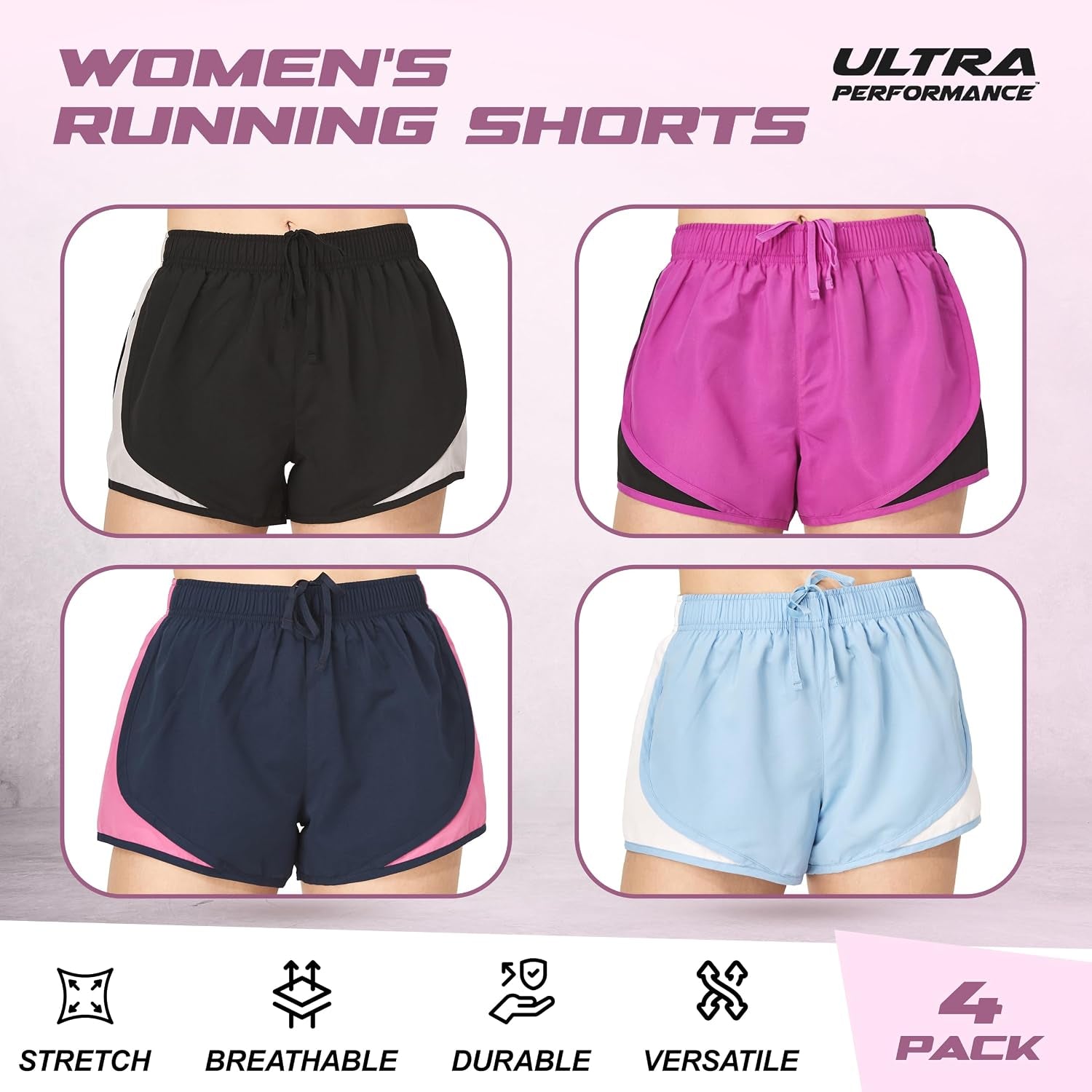 Women'S Running Shorts 4-Pack Athletic Workout Gym Shorts for Women, with Brief Liner