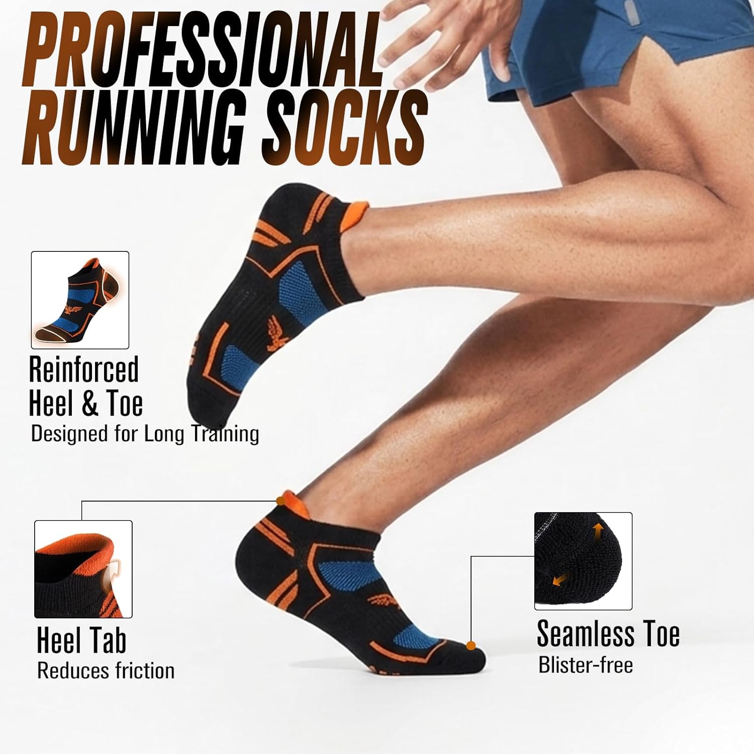 Mens Running Socks 6 Pairs with Arch Compression Support, Cushioned Breathable Ankle Socks, Wicking Athletic Sock