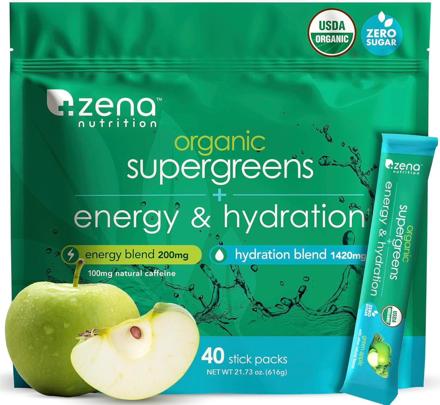 Organic Super Greens Energy & Hydration Powder, 70+ Superfoods, 0 Sugar, 5G Fiber, Spirulina, Chlorella, Prebiotics/Probiotics, Natural Caffeine + Electrolytes, 40 Drink Mix Packets