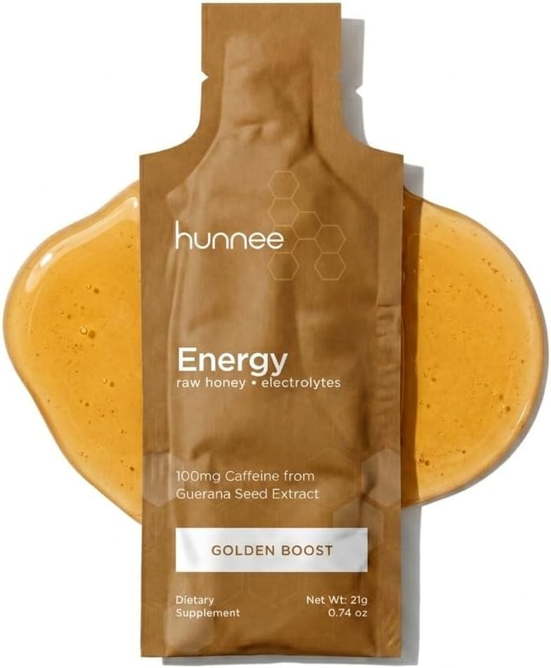 Hunnee Energy | Organic Honey Energy Gel with 100Mg Natural Caffeine from Guarana | Raw Honey Electrolytes Supplement | No Crash, No Artificial Sweeteners | Gluten-Free, Non-Gmo | 21G 14 Sachets