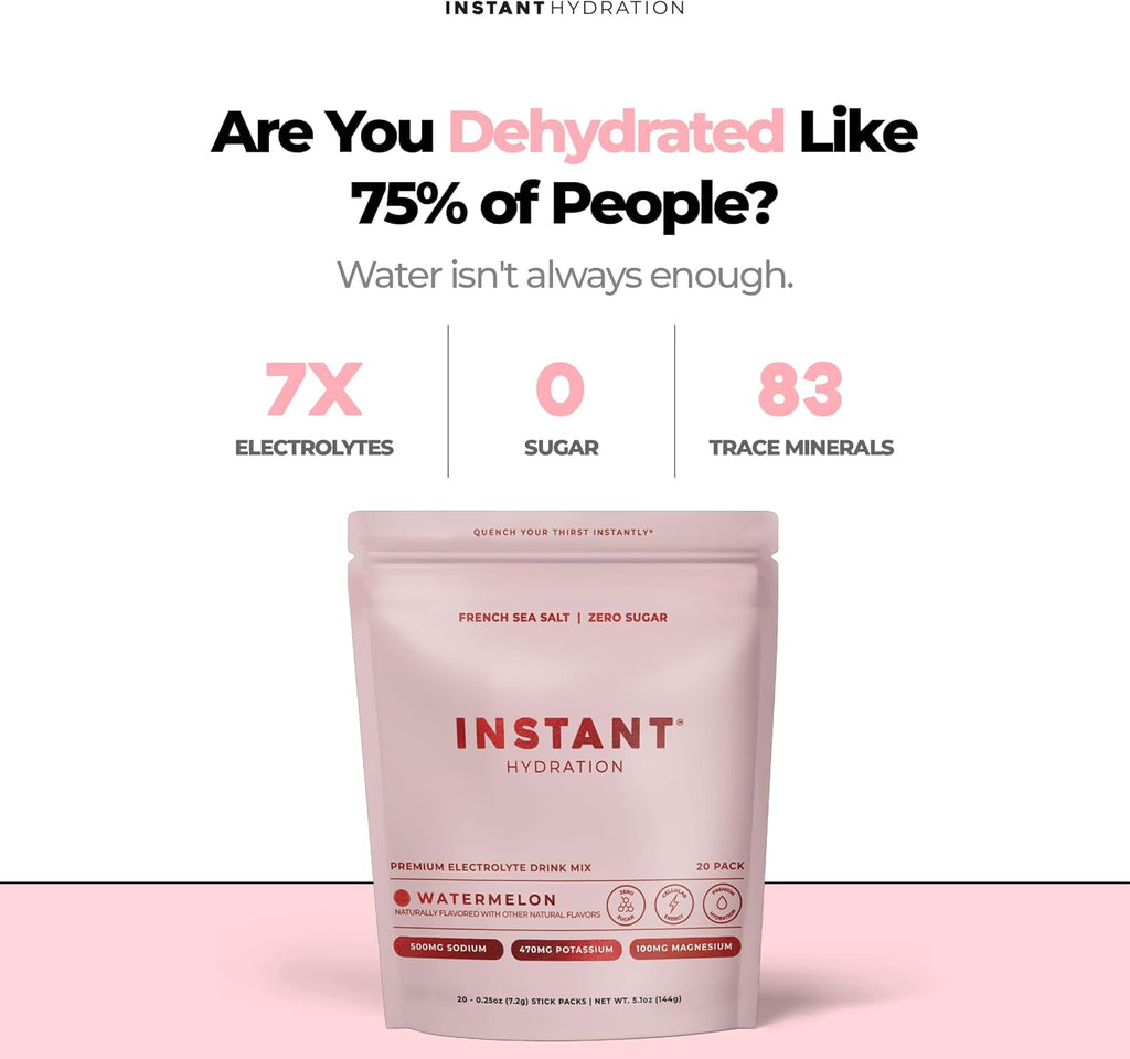 Sugar Free Electrolytes Powder Packets - Watermelon Electrolyte Drink Mix & Travel Essentials - Post Workout Recovery, Brain Health, Muscle & Tissue Support - 20 Sticks