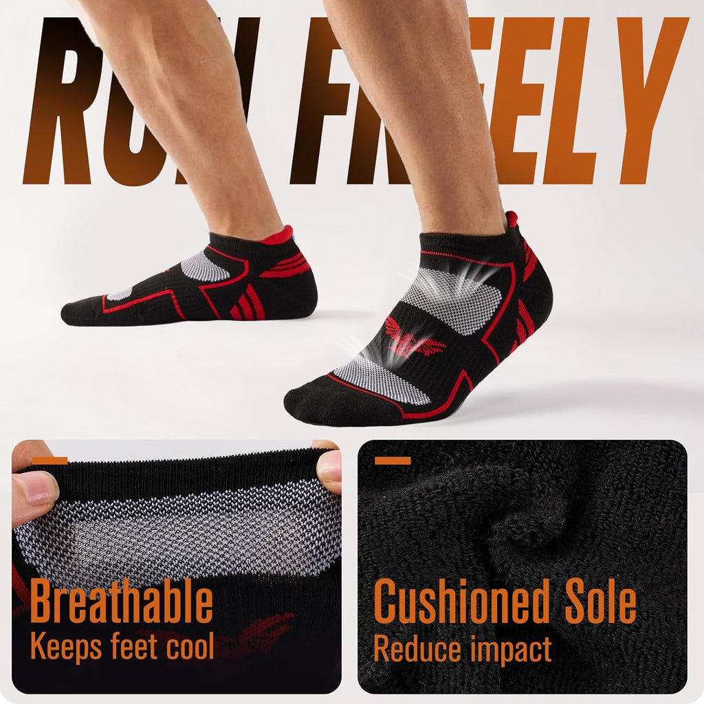 Mens Running Socks 6 Pairs with Arch Compression Support, Cushioned Breathable Ankle Socks, Wicking Athletic Sock