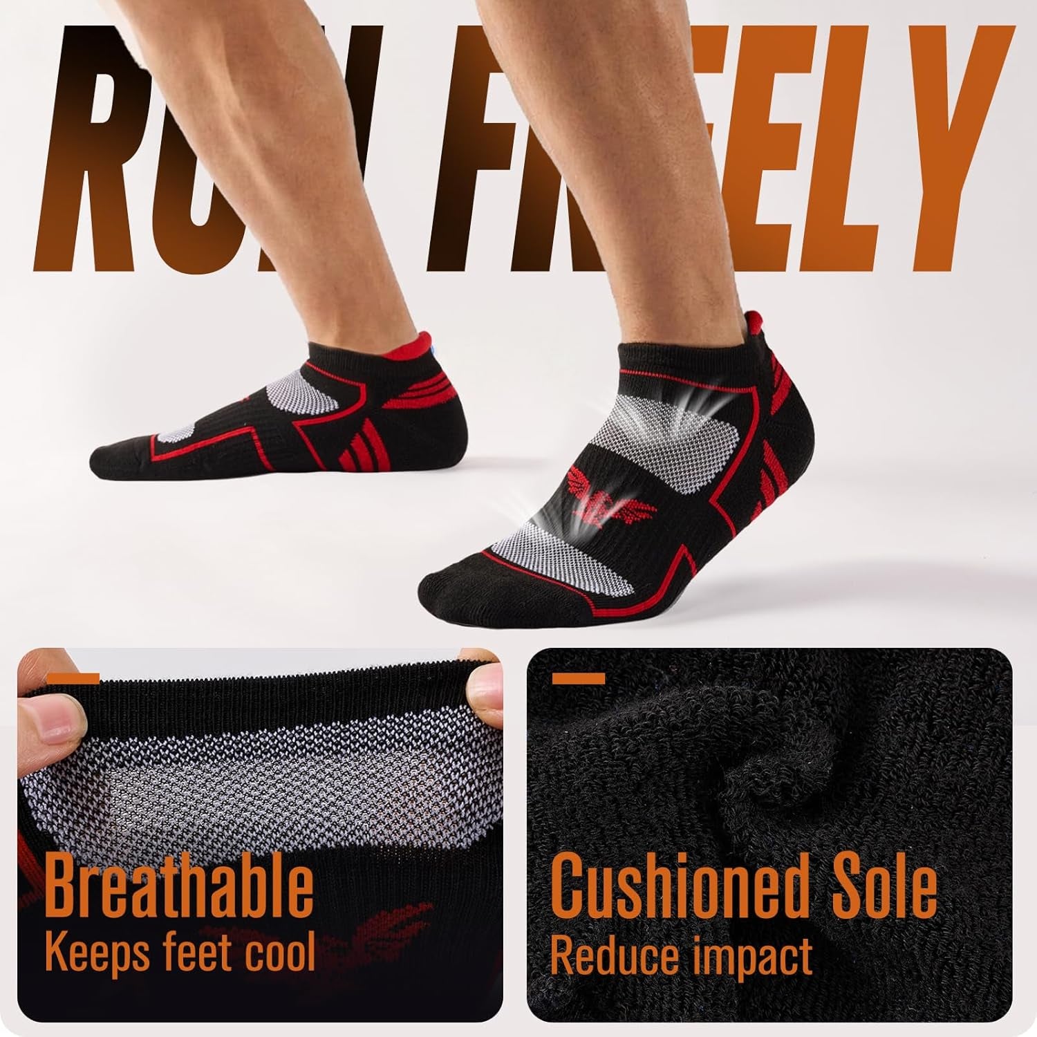Mens Running Socks 6 Pairs with Arch Compression Support, Cushioned Breathable Ankle Socks, Wicking Athletic Sock