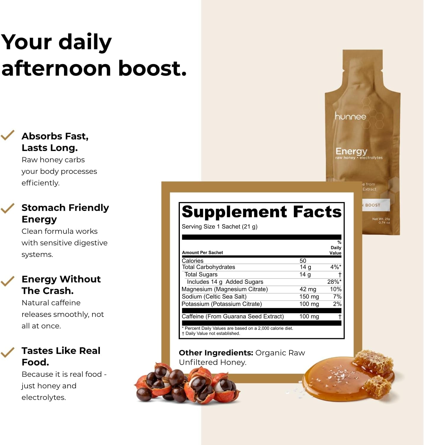 Hunnee Energy | Organic Honey Energy Gel with 100Mg Natural Caffeine from Guarana | Raw Honey Electrolytes Supplement | No Crash, No Artificial Sweeteners | Gluten-Free, Non-Gmo | 21G 14 Sachets