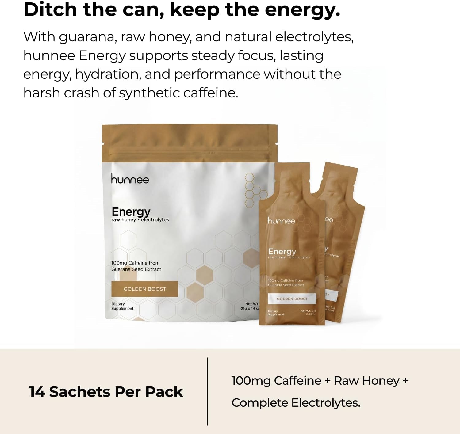 Hunnee Energy | Organic Honey Energy Gel with 100Mg Natural Caffeine from Guarana | Raw Honey Electrolytes Supplement | No Crash, No Artificial Sweeteners | Gluten-Free, Non-Gmo | 21G 14 Sachets