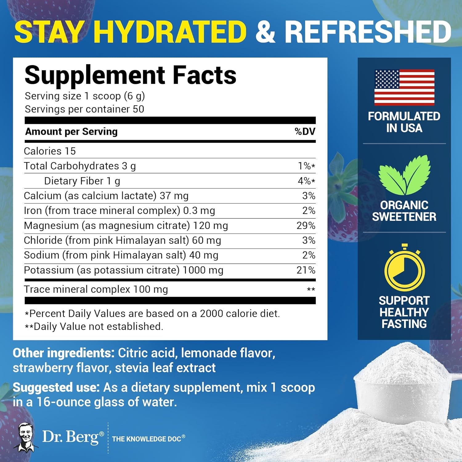 Dr. Berg Zero Sugar Hydration Keto Electrolyte Powder - Enhanced W/ 1000 Mg of Potassium & Real Pink Himalayan Salt (NOT Table Salt) - Strawberry Lemonade Hydration Drink Supplement - 50 Servings