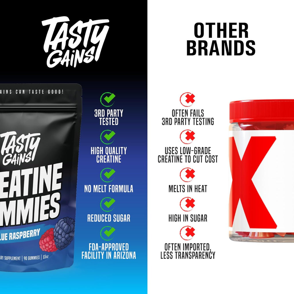 Creatine Gummies - 90G of Creatine Monohydrate - Workout Supplements - Build Muscle & Boost Strength for Men & Women - Made in USA - Non GMO - Vegan Friendly (Large, Blue Raspberry)