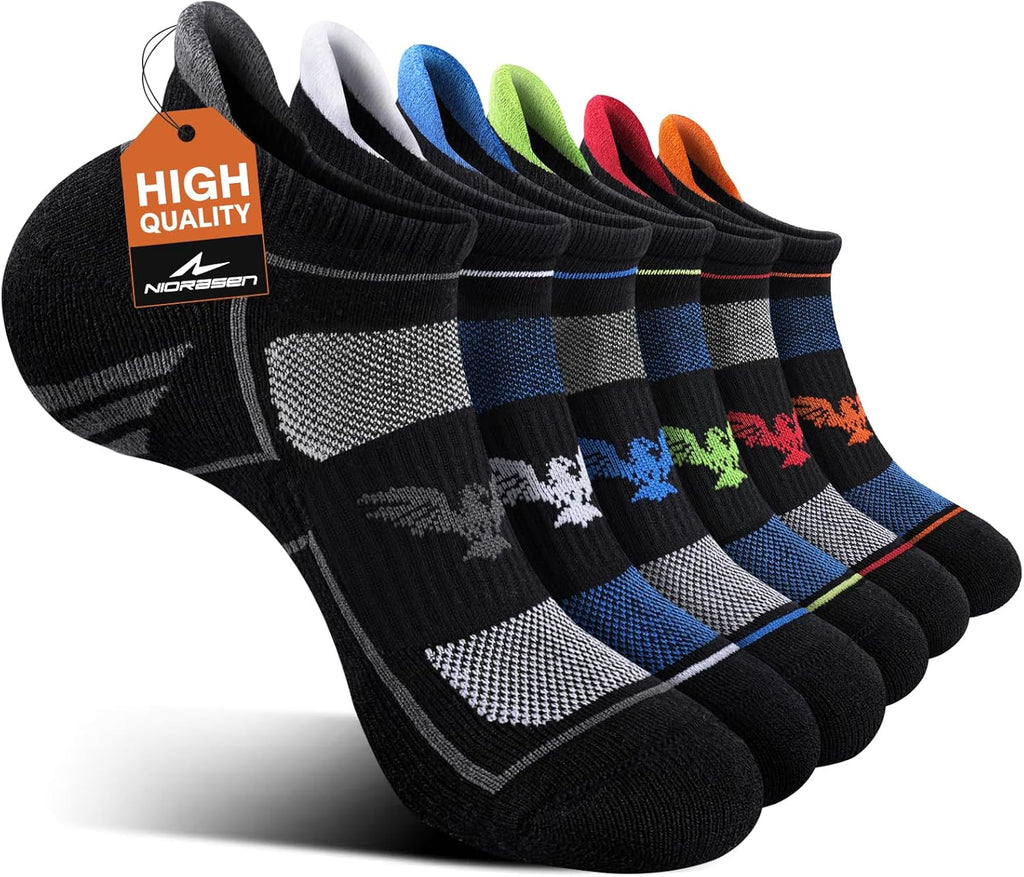Mens Running Socks 6 Pairs with Arch Compression Support, Cushioned Breathable Ankle Socks, Wicking Athletic Sock