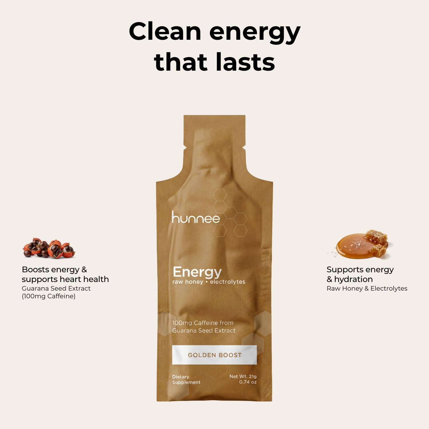 Hunnee Energy | Organic Honey Energy Gel with 100Mg Natural Caffeine from Guarana | Raw Honey Electrolytes Supplement | No Crash, No Artificial Sweeteners | Gluten-Free, Non-Gmo | 21G 14 Sachets
