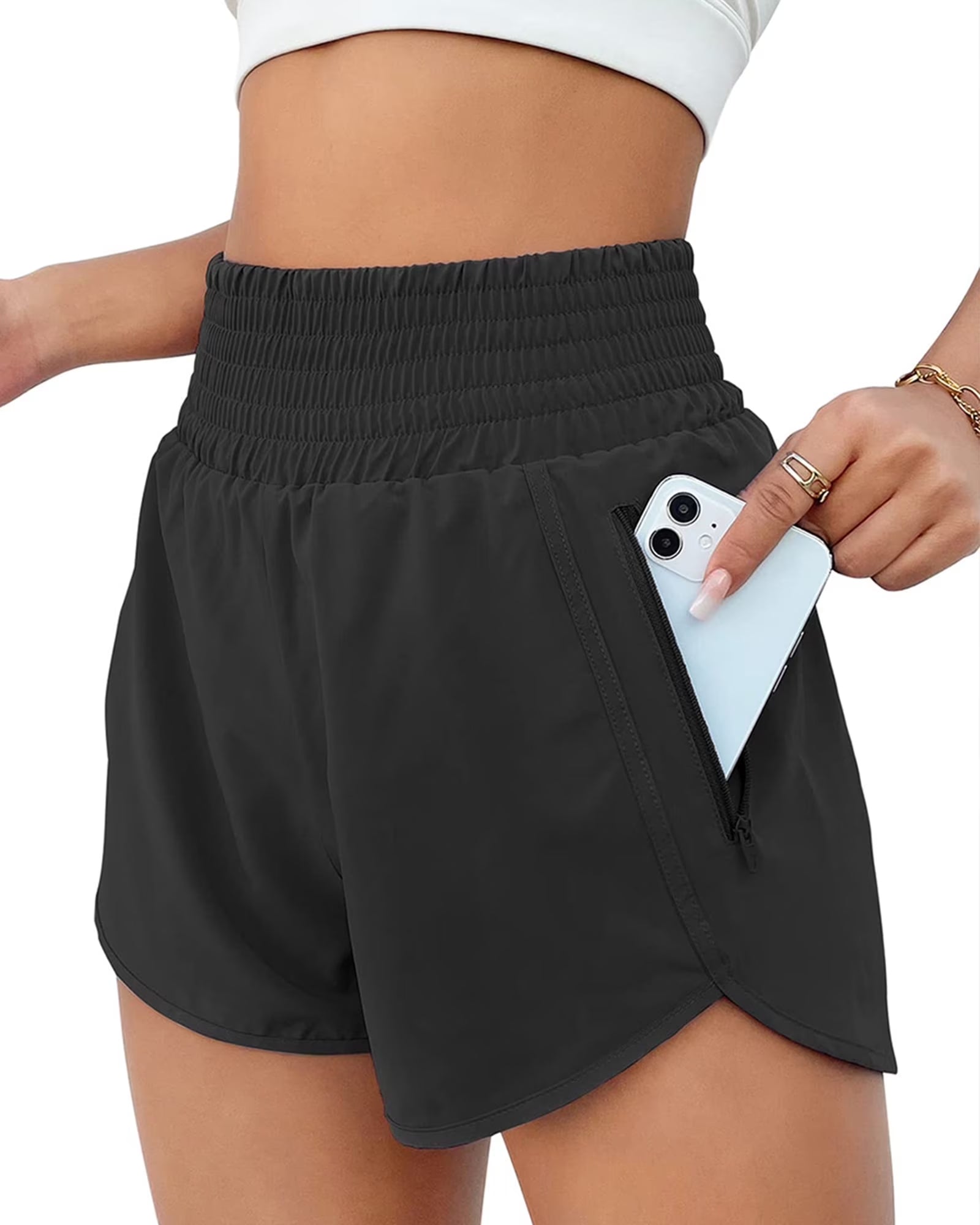 Women'S Athletic Shorts High Waisted Running Shorts Zipper Pocket Gym Elastic Workout Shorts