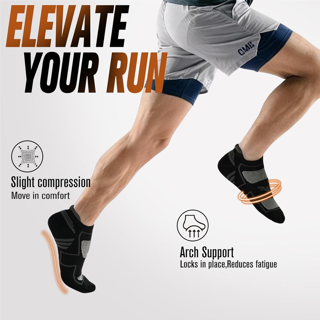 Mens Running Socks 6 Pairs with Arch Compression Support, Cushioned Breathable Ankle Socks, Wicking Athletic Sock