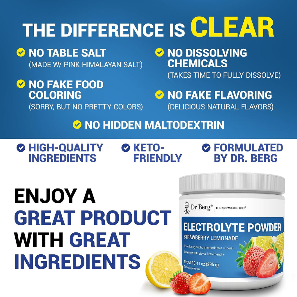 Dr. Berg Zero Sugar Hydration Keto Electrolyte Powder - Enhanced W/ 1000 Mg of Potassium & Real Pink Himalayan Salt (NOT Table Salt) - Strawberry Lemonade Hydration Drink Supplement - 50 Servings