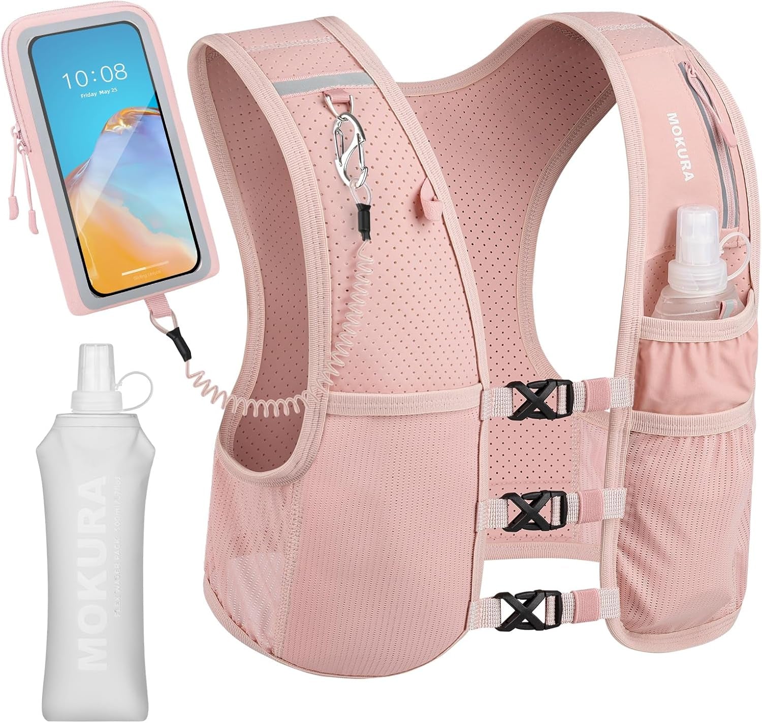 Running Vest for Women Men, Lightweight Hydration Vest with 500ML Soft Flask & Phone Holder, Reflective Running Backpack, Adjustable Run Pack Water Bottle, Runner Marathon Essentials