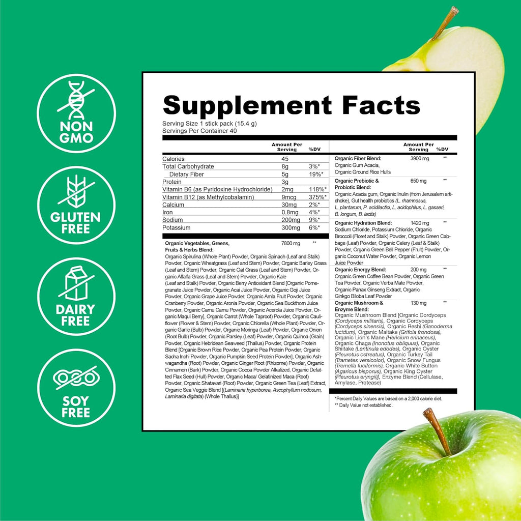 Organic Super Greens Energy & Hydration Powder, 70+ Superfoods, 0 Sugar, 5G Fiber, Spirulina, Chlorella, Prebiotics/Probiotics, Natural Caffeine + Electrolytes, 40 Drink Mix Packets