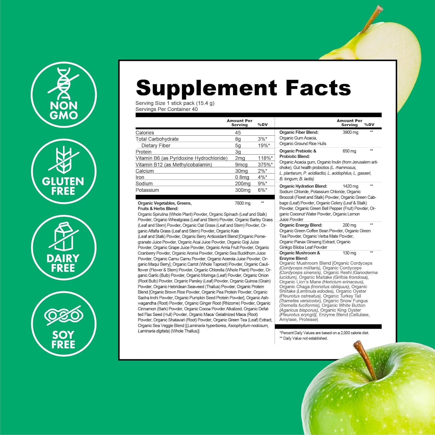 Organic Super Greens Energy & Hydration Powder, 70+ Superfoods, 0 Sugar, 5G Fiber, Spirulina, Chlorella, Prebiotics/Probiotics, Natural Caffeine + Electrolytes, 40 Drink Mix Packets