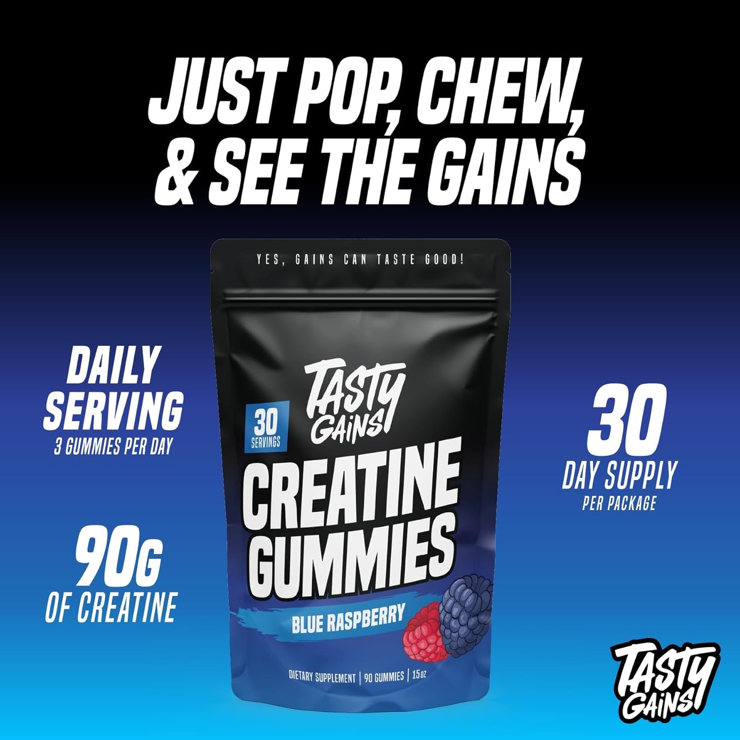 Creatine Gummies - 90G of Creatine Monohydrate - Workout Supplements - Build Muscle & Boost Strength for Men & Women - Made in USA - Non GMO - Vegan Friendly (Large, Blue Raspberry)