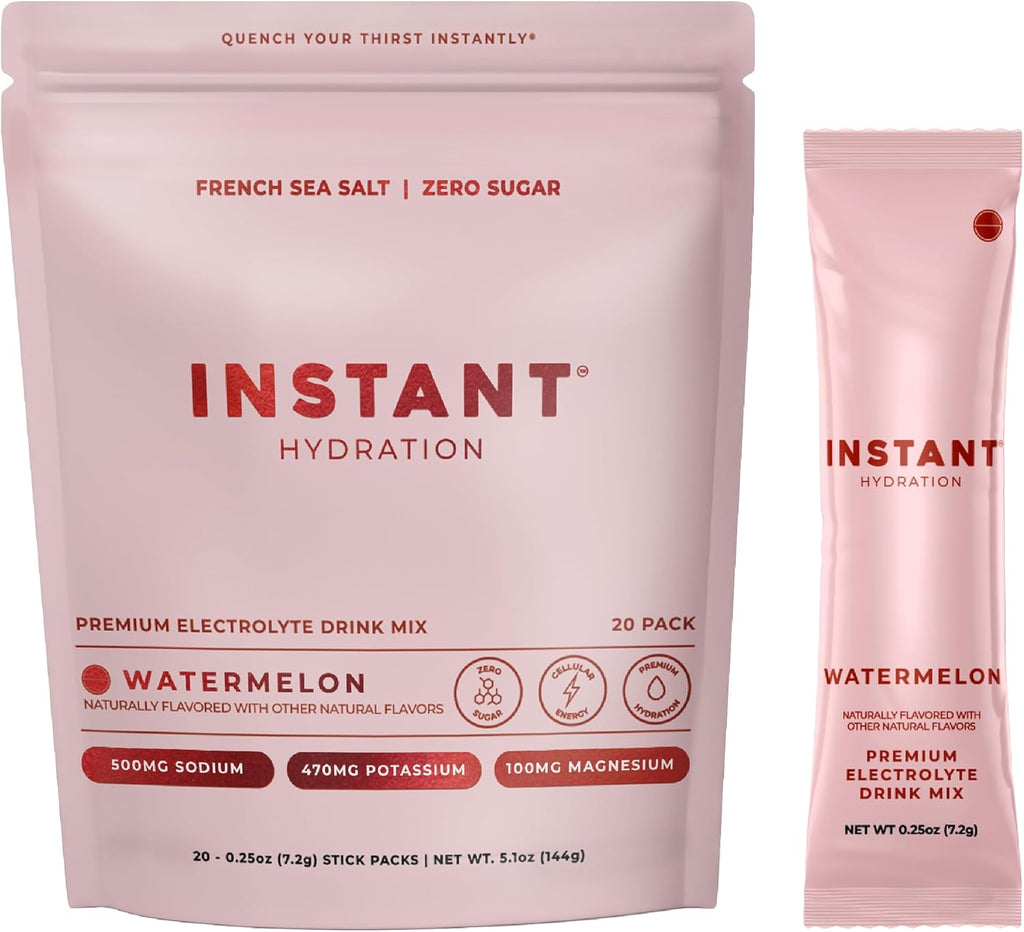 Sugar Free Electrolytes Powder Packets - Watermelon Electrolyte Drink Mix & Travel Essentials - Post Workout Recovery, Brain Health, Muscle & Tissue Support - 20 Sticks