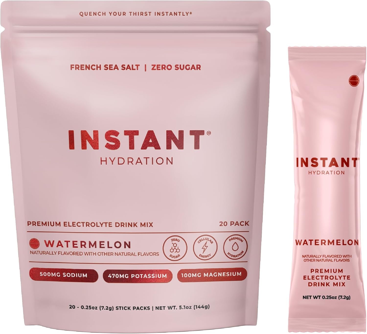 Sugar Free Electrolytes Powder Packets - Watermelon Electrolyte Drink Mix & Travel Essentials - Post Workout Recovery, Brain Health, Muscle & Tissue Support - 20 Sticks